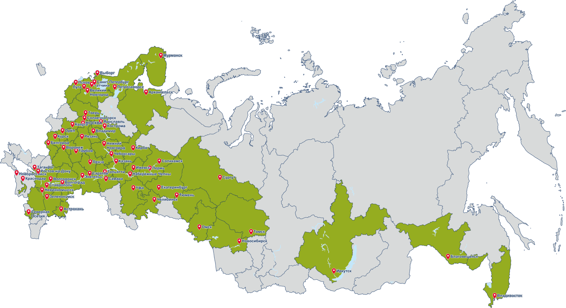 География работы Deria: предприятия-клиенты более чем в 240 городах России